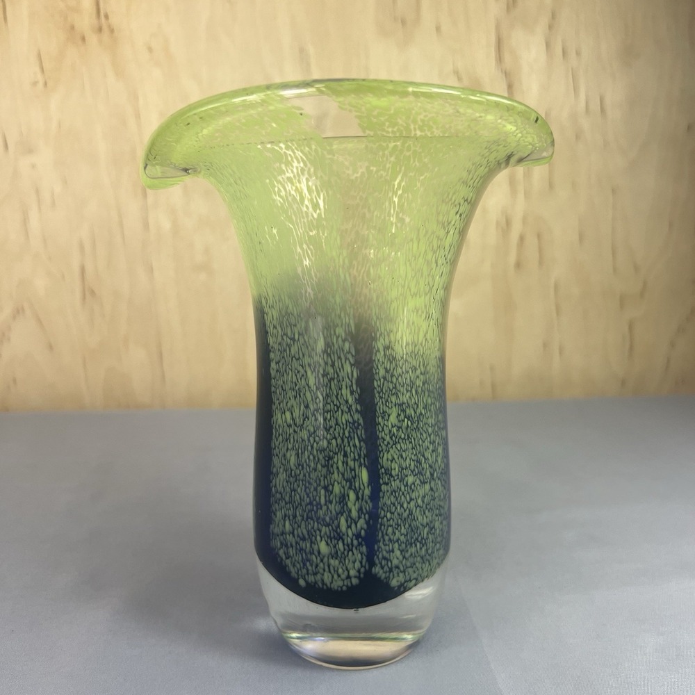 Vintage Teleflora Green Purple Speckled 8" Art Glass Vase